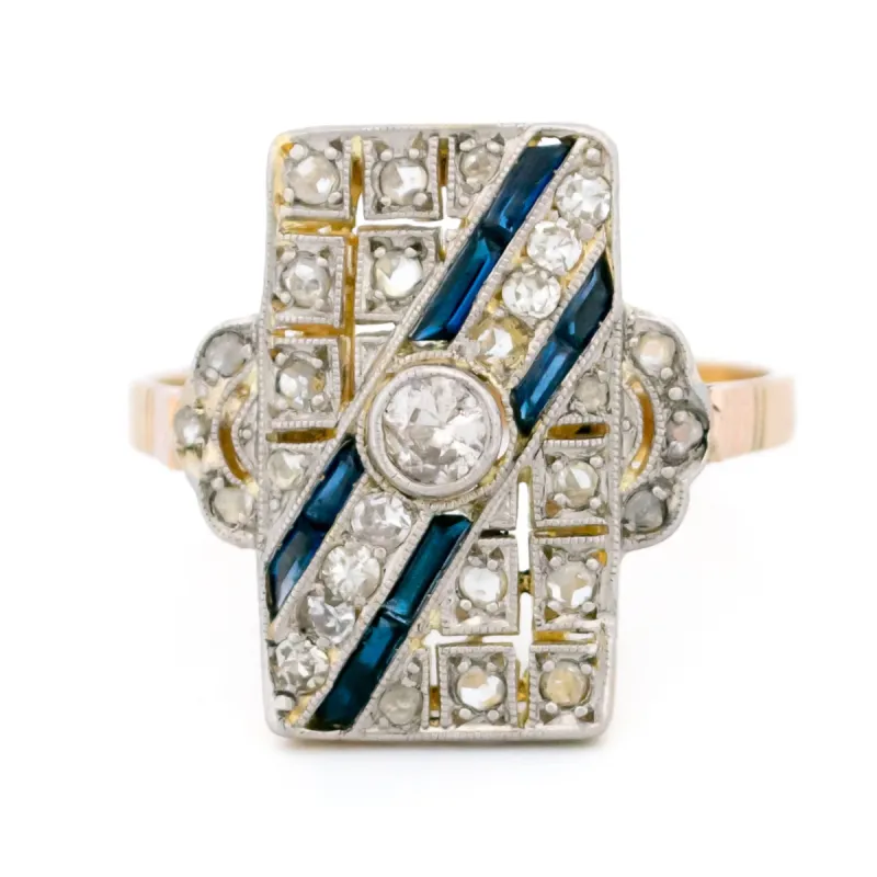 Bague Art déco rectangulaire en or 14 carats, diamants et saphirs Verneuil sold by 58 Facettes