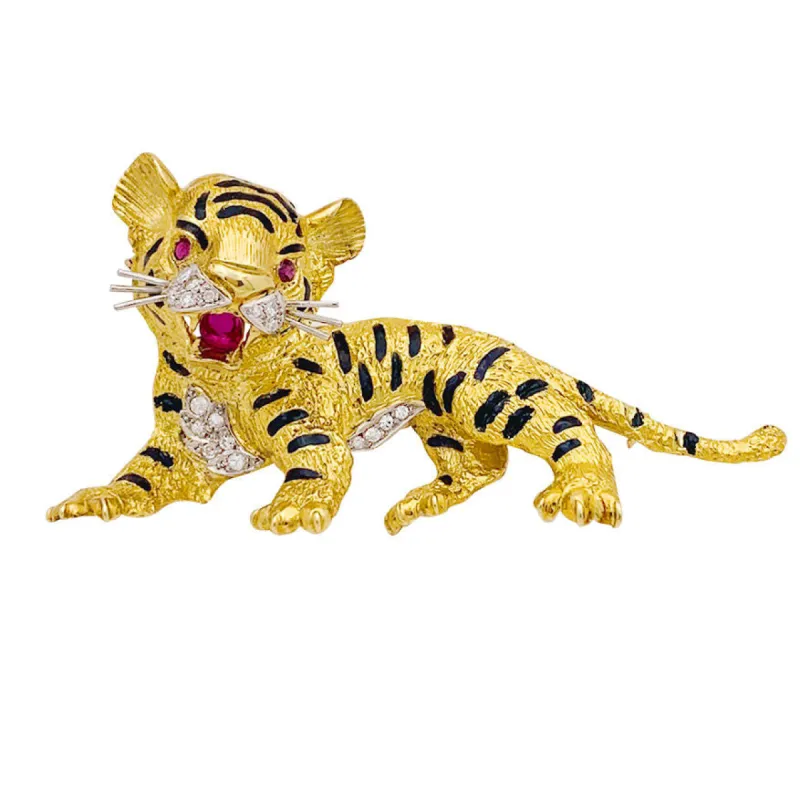 Broche Sanz, "Tigre", or jaune, diamants, rubis, émail. made by 58 Facettes