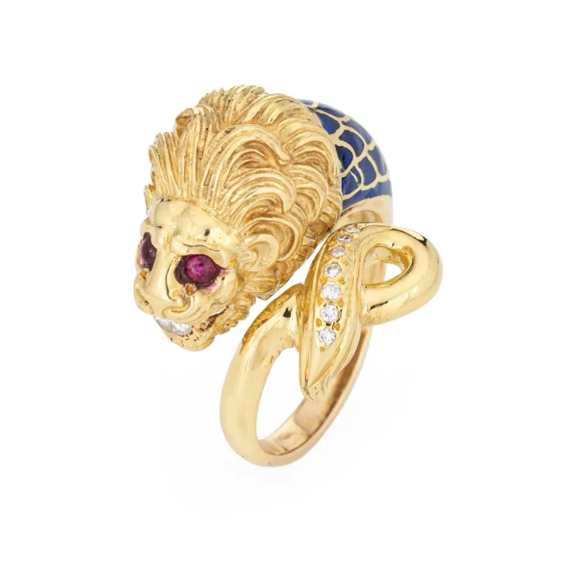 Grande Bague Lion Yeux Rubis Diamant Émail Bleu sold by 58 Facettes