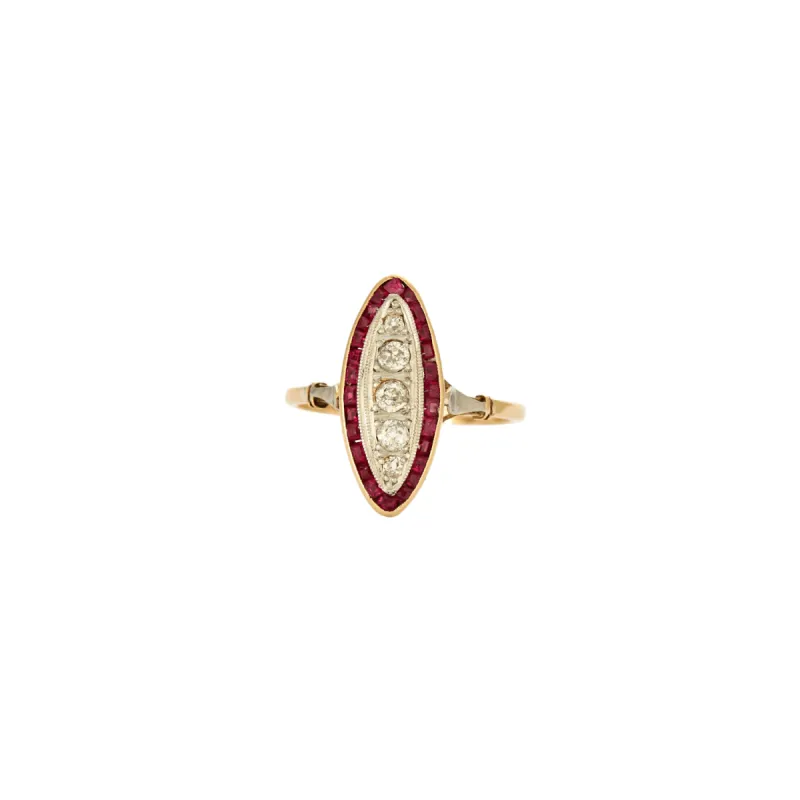 Bague marquise or jaune et gris, diamants et rubis sold by 58 Facettes