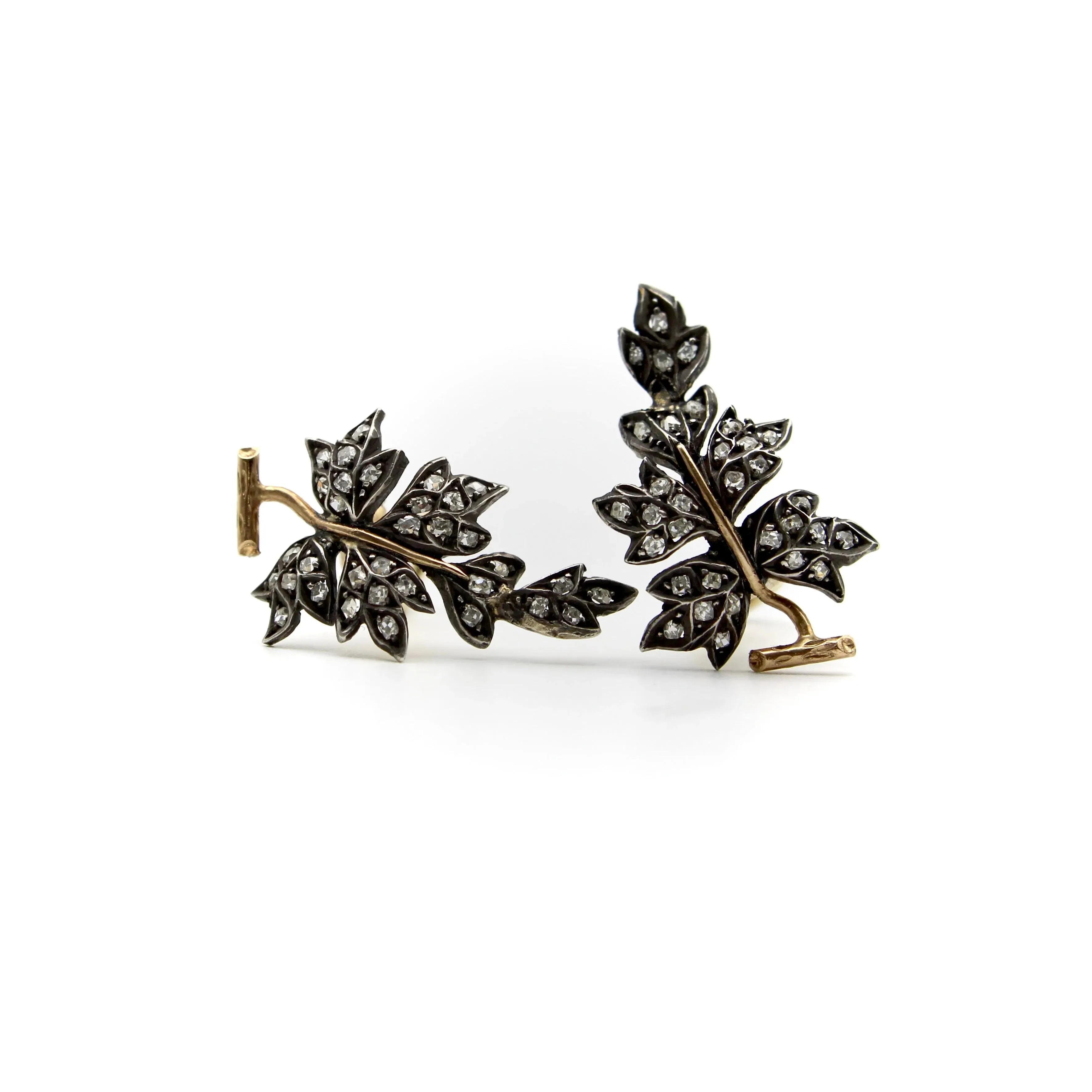 Victorian Sterling Silver & 14K Gold Diamond Leaf Earrings sold by 58 Facettes product image thumbnail 3