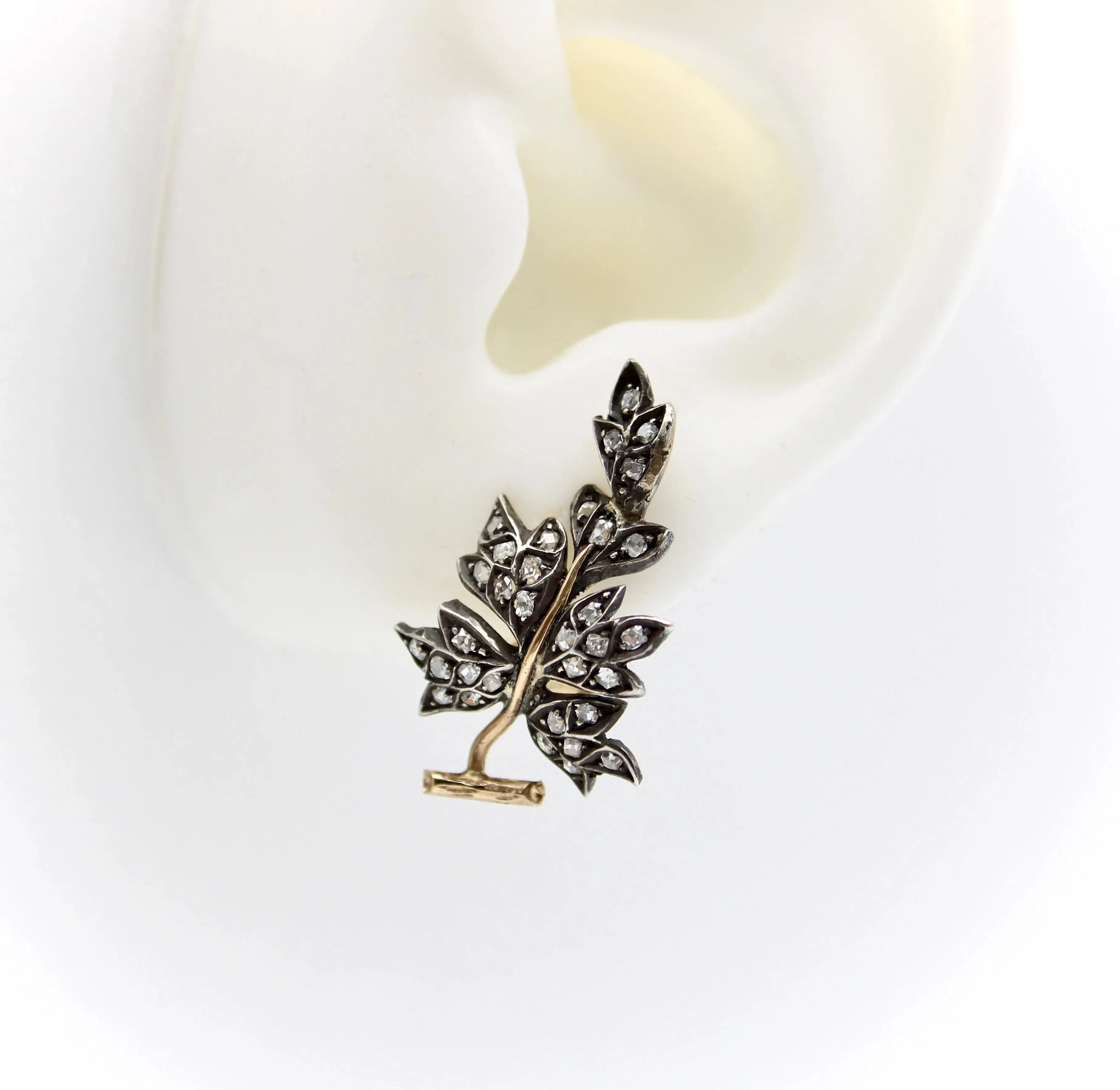Victorian Sterling Silver & 14K Gold Diamond Leaf Earrings sold by 58 Facettes product image thumbnail 4