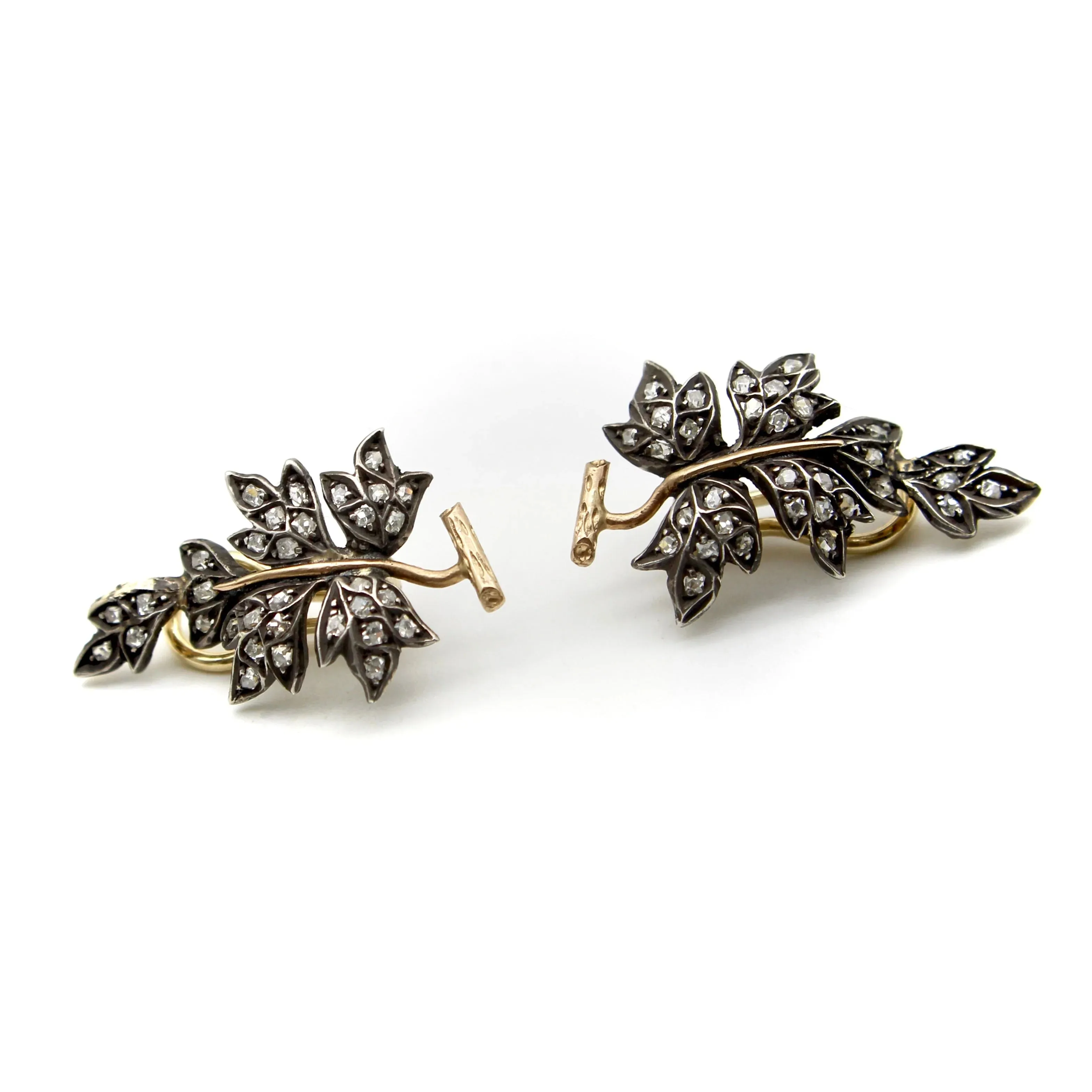 Victorian Sterling Silver & 14K Gold Diamond Leaf Earrings sold by 58 Facettes product image thumbnail 2