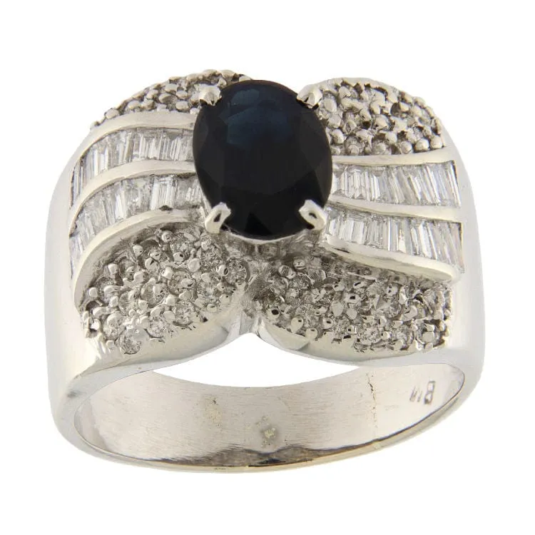 Bague en or blanc avec saphir et diamants taille baguette et brillant sold by 58 Facettes