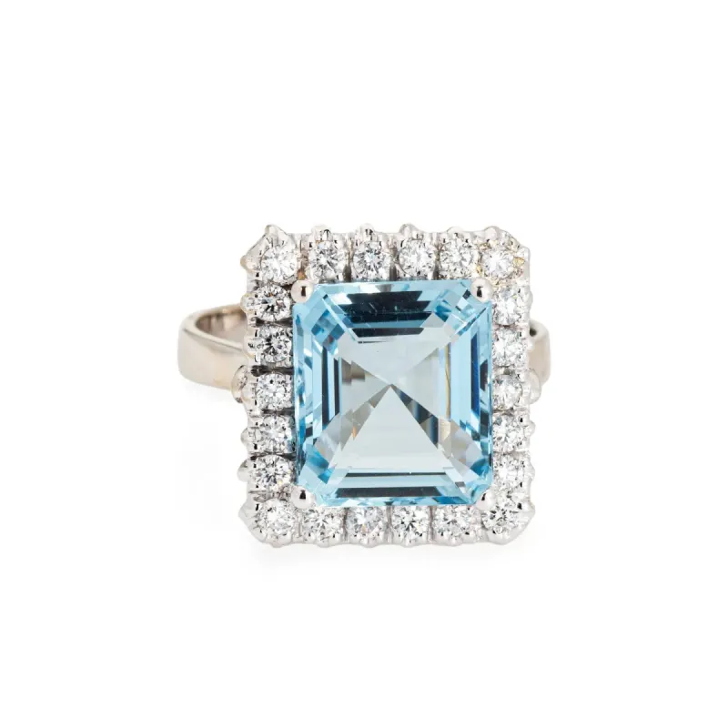 Bague carrée diamant aigue-marine 5,35 ct or blanc vintage sold by 58 Facettes