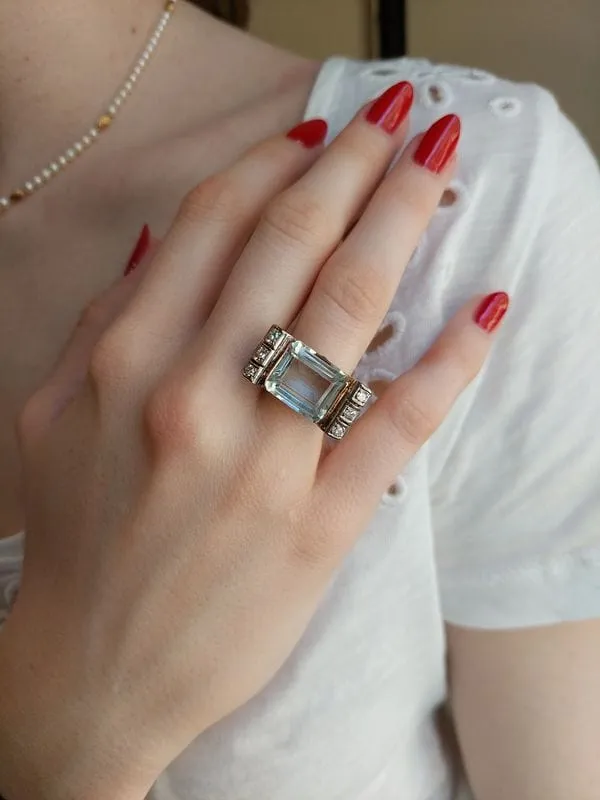 Bague tank aigue-marine et diamants sold by 58 Facettes product image thumbnail 2