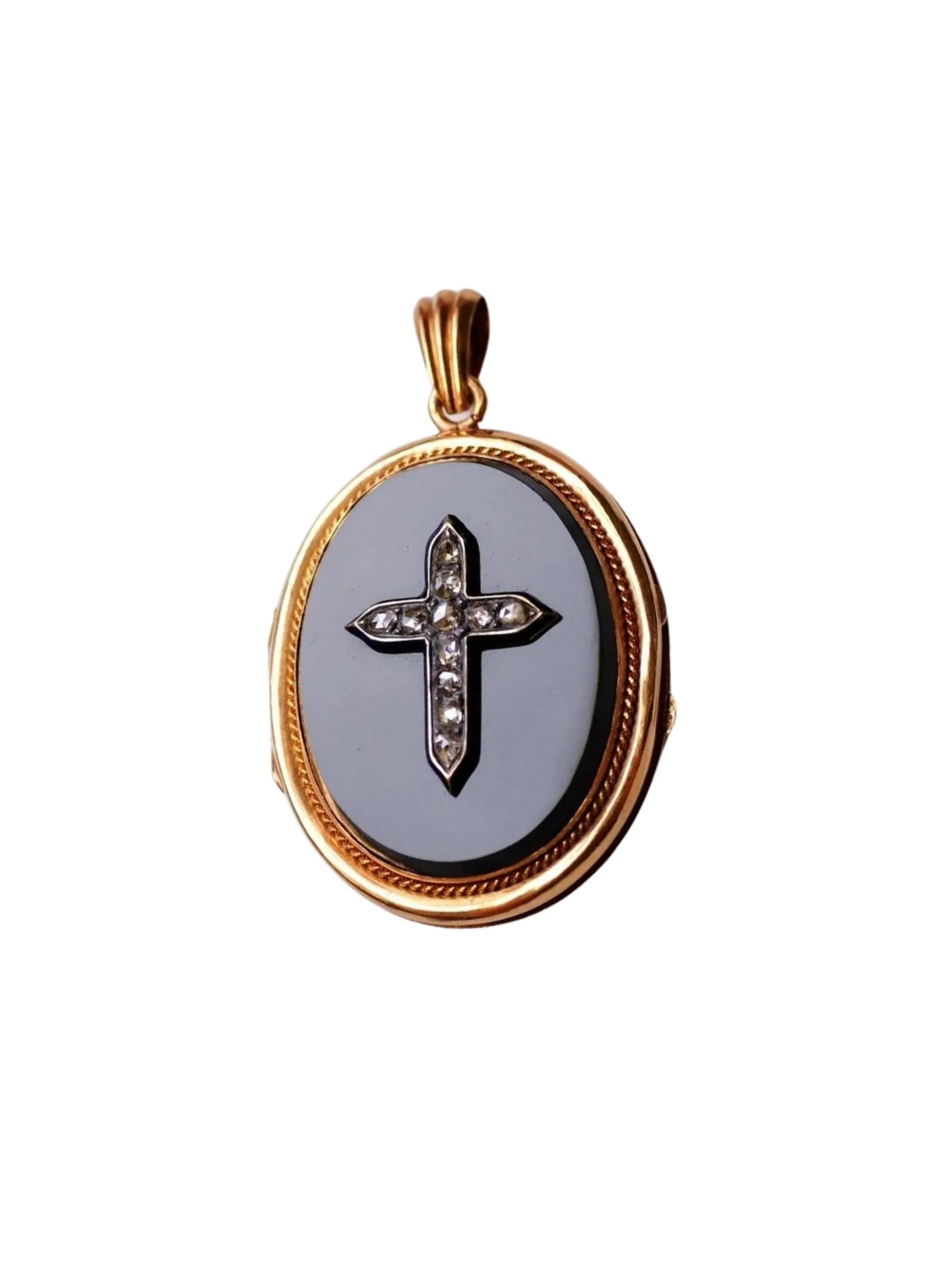Pendentif ancien religieux en or, onyx, diamants, et émail sold by 58 Facettes