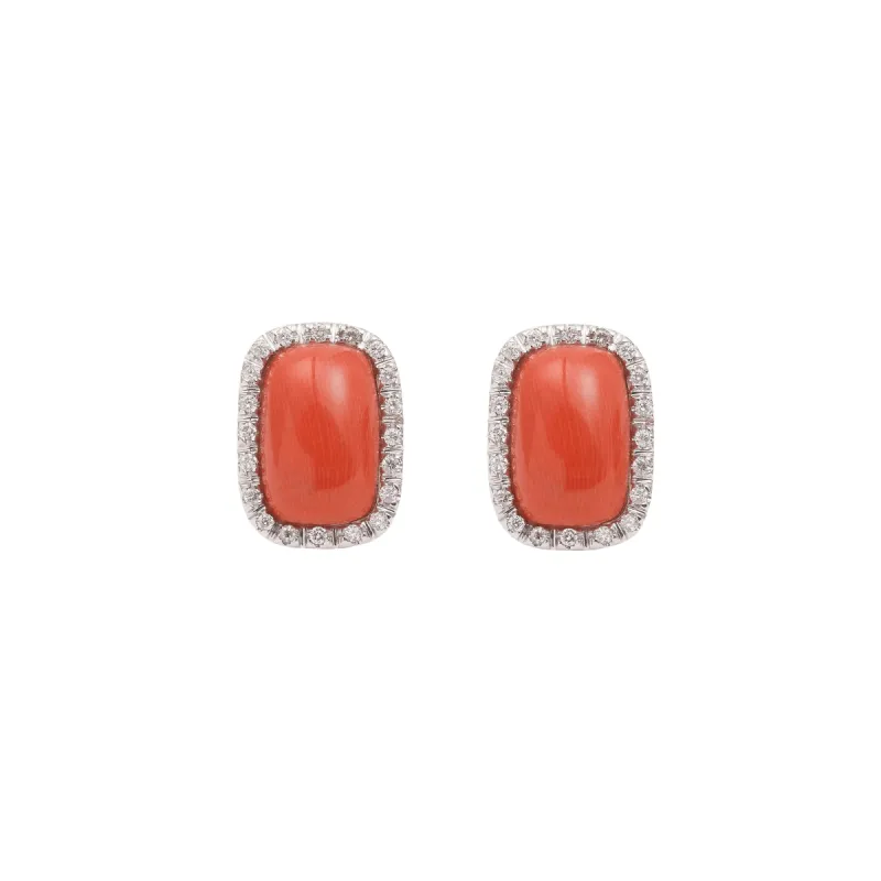 Paire Puces d’Oreilles Cabochons De Corail Diamants Or Gris sold by 58 Facettes