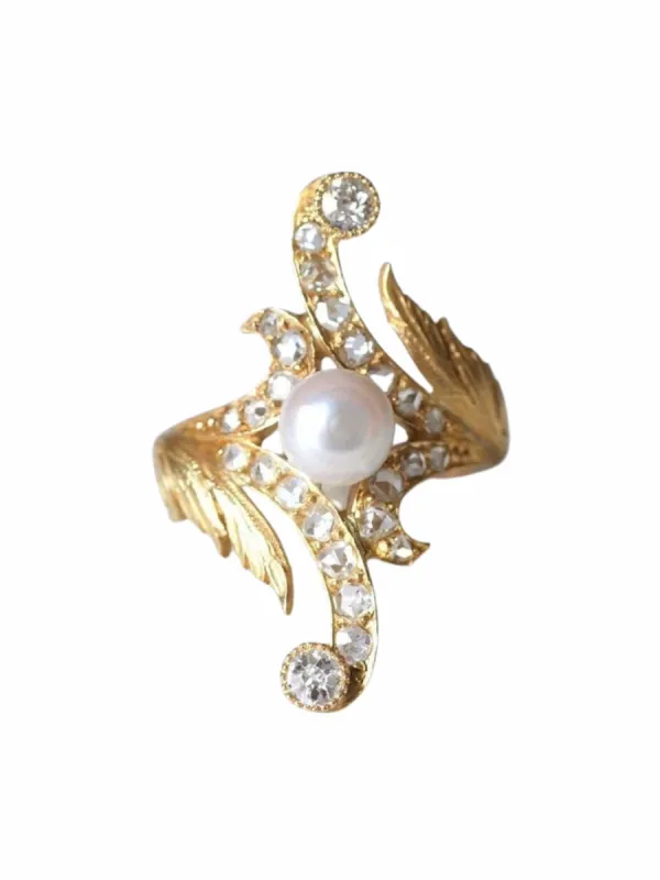 Bague Marquise Style Art Nouveau or 14Kt, diamants, perle sold by 58 Facettes