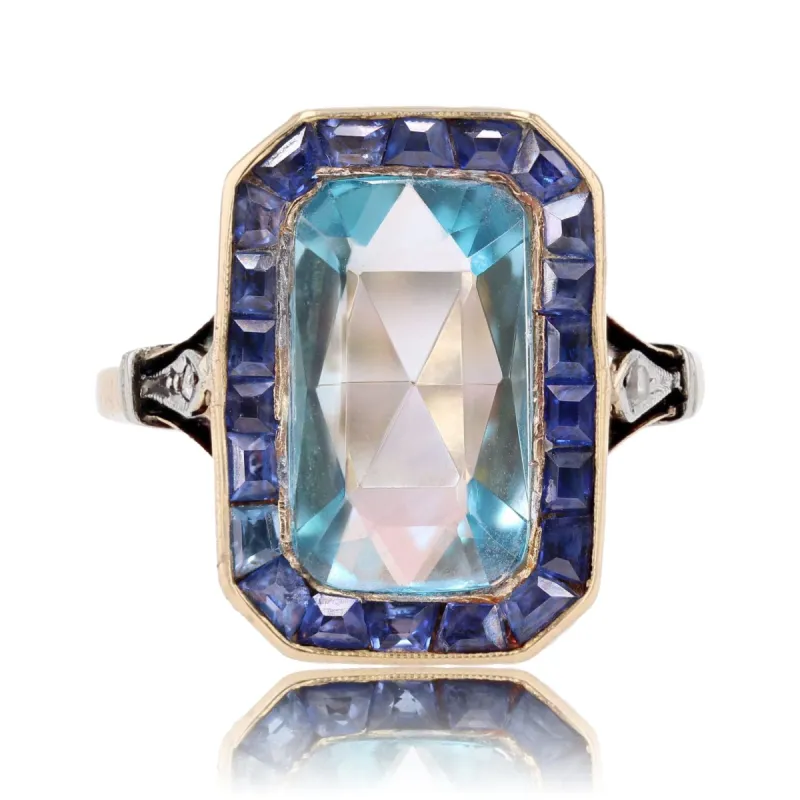 Bague ancienne zircon bleu taillé en rose et saphirs calibrés made by 58 Facettes