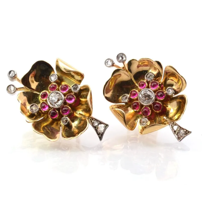 Boucles d'oreilles Or jaune Platine Diamants Rubis sold by 58 Facettes