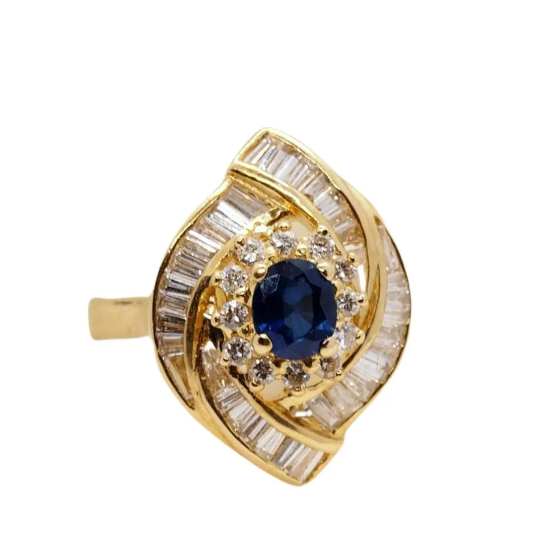 Bague entourage or jaune, saphir et diamants baguettes sold by 58 Facettes