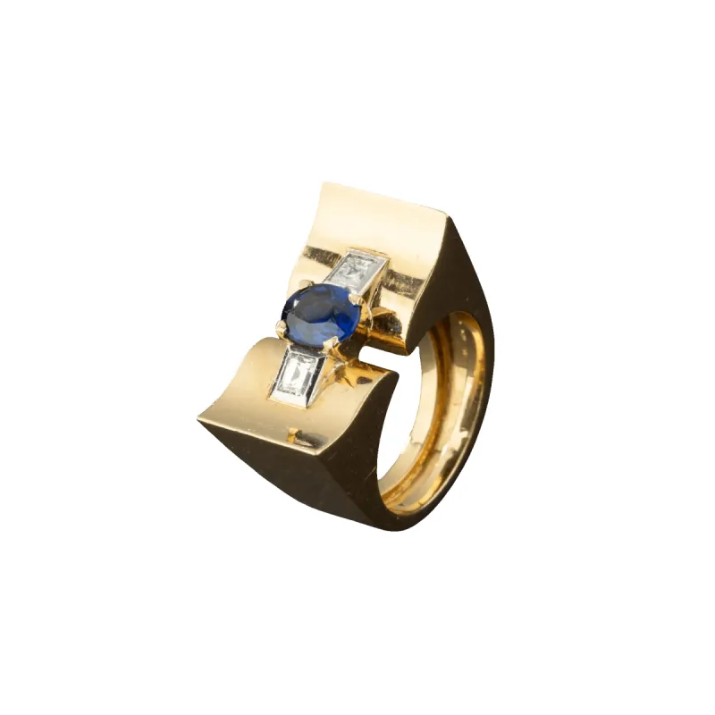 Bague tank en or 18K ornée d'un saphir et de diamants. sold by 58 Facettes