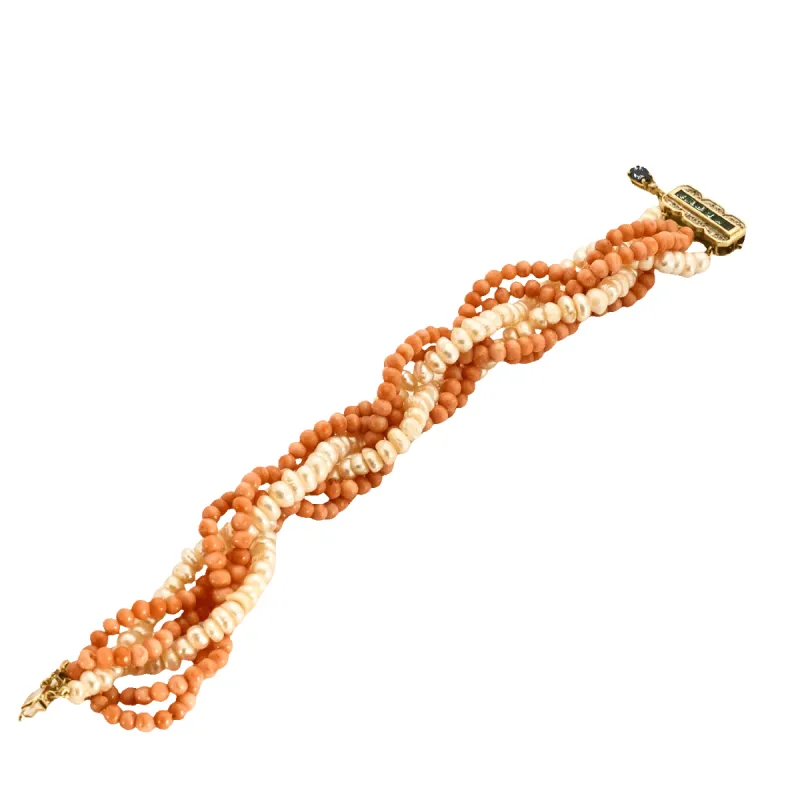 Bracelet or jaune perles baroques corail émeraudes et diamants sold by 58 Facettes