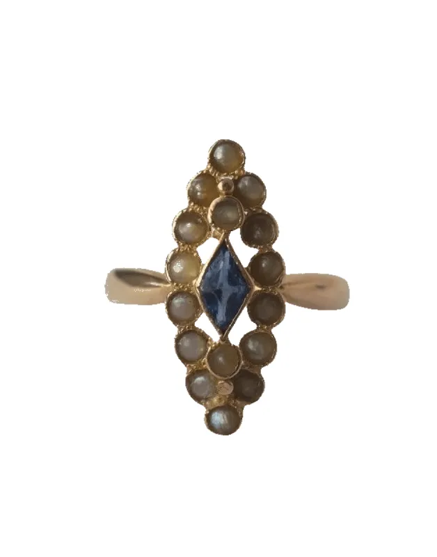 Bague marquise or rose saphir perles sold by 58 Facettes