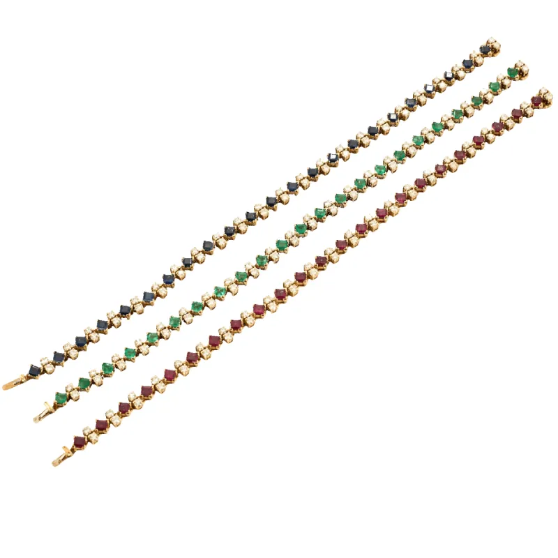 3 Bracelets ligne en or jaune saphirs, rubis, émeraudes et diamants sold by 58 Facettes