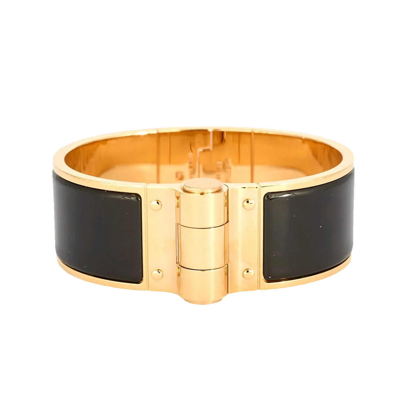 HERMES - Bracelet charnière modèle large plaqué or rose et émail noir sold by 58 Facettes