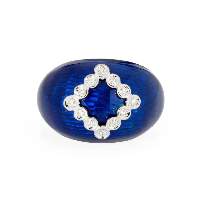 Royal Blue Enamel Dome Ring Diamond Vintage Yellow Gold sold by 58 Facettes