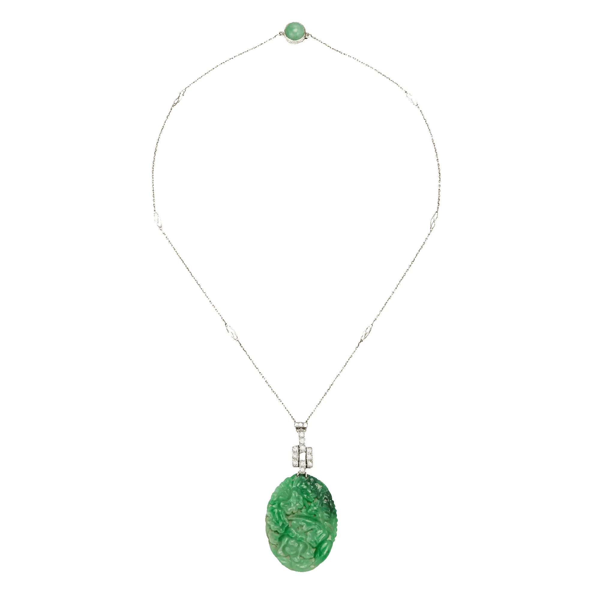 Art déco - Collier fleurs en or blanc 14 ct et platine, jade et diamants sold by 58 Facettes