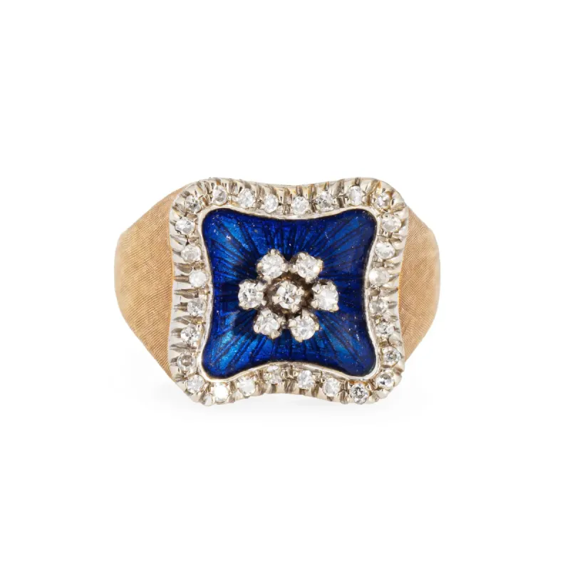 Bague carrée en or jaune, diamant et émail bleu royal sold by 58 Facettes