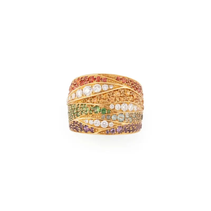 Bague bandeau or jaune entourée de gemmes de couleurs sold by 58 Facettes