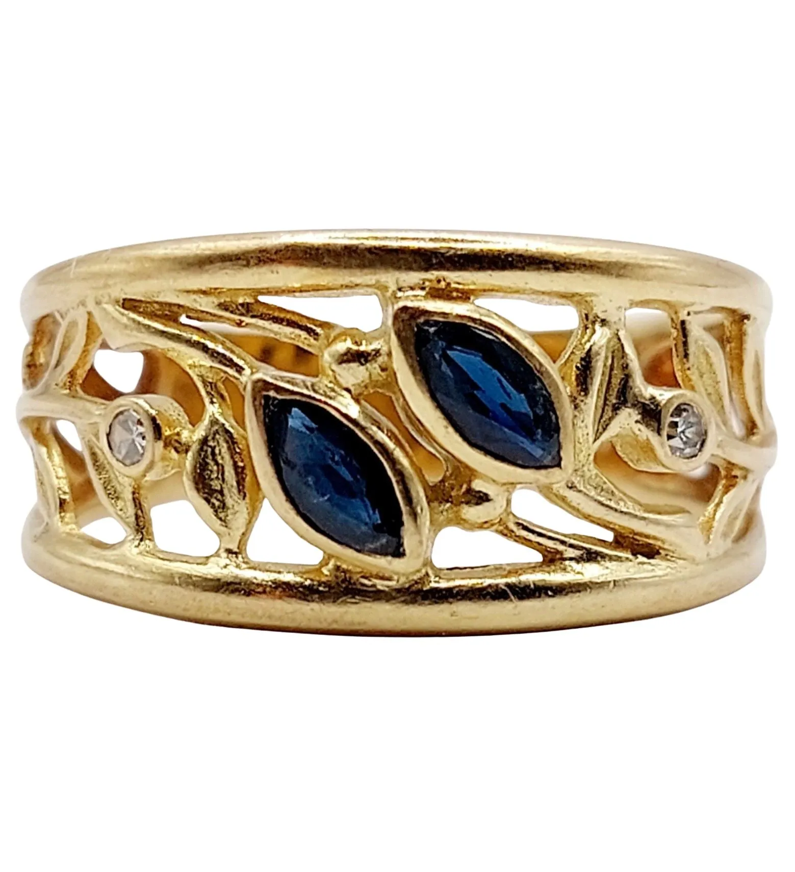 Bague bandeau Art Nouveau or jaune, saphirs navette, diamants sold by 58 Facettes