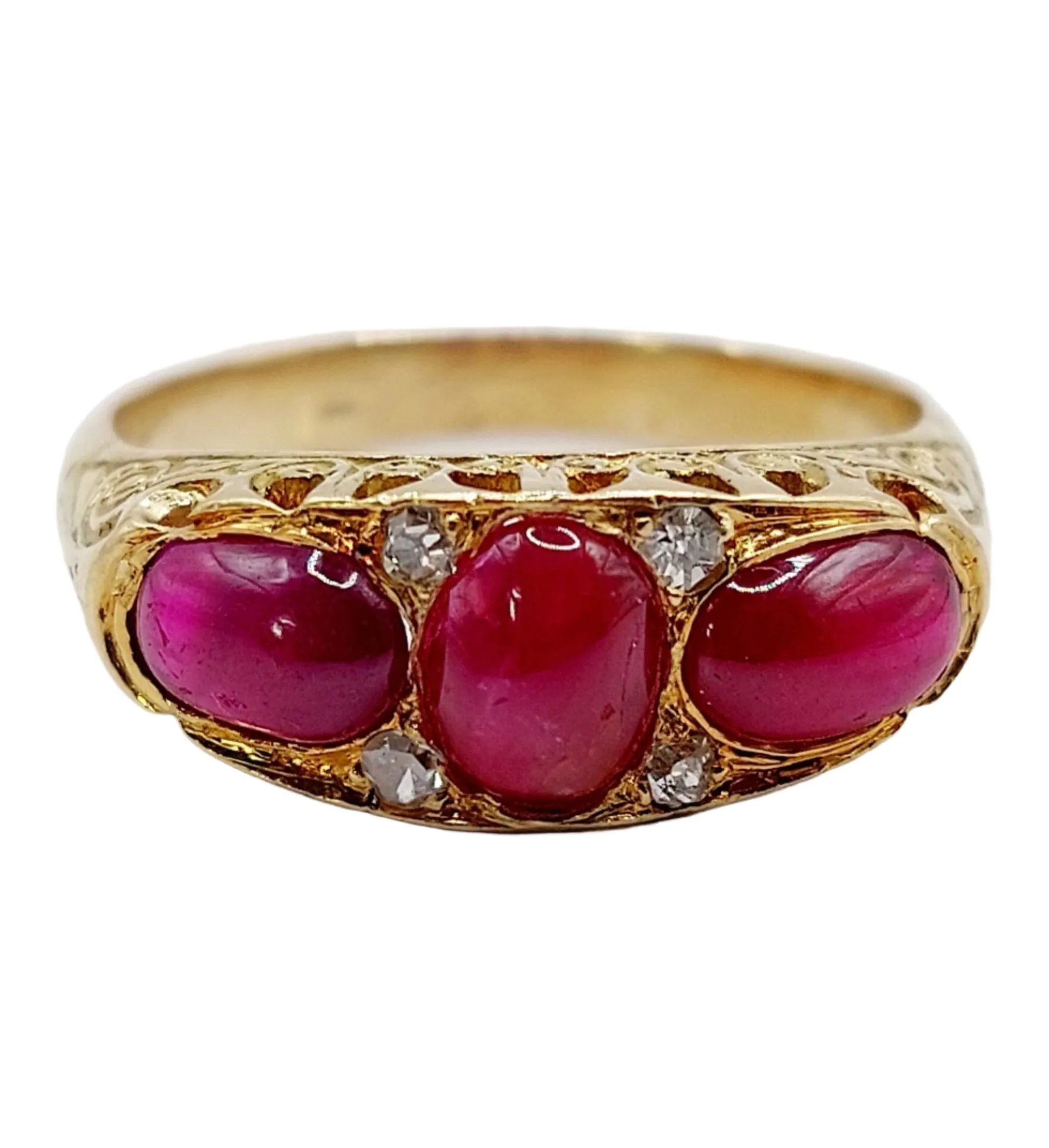 Bague jarretière Art Déco or jaune ornée de 2,43 carats de cabochons de rubis et diamants sold by 58 Facettes