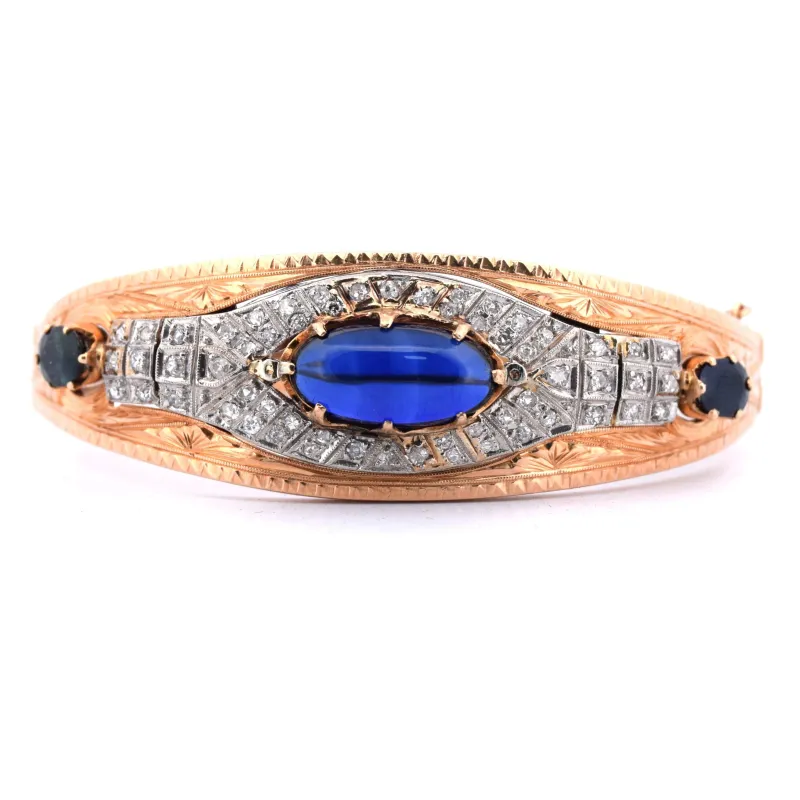 Bracelet années 40 - Or 18 carats et argent - Cabochon saphir sold by 58 Facettes