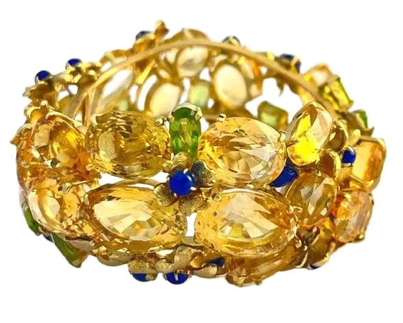 Bracelet Style americain, or jaunet citrines, péridots et lapis lazuli sold by 58 Facettes