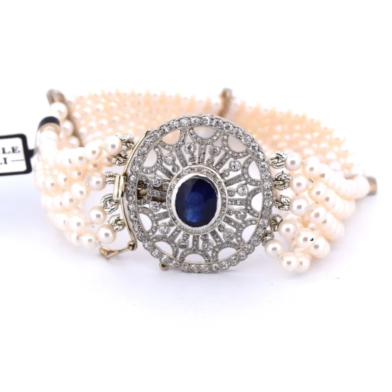 BRACELET DÉCO' - PLATINE - PERLES DE CULTURE SAPHIR et DIAMANTS made by 58 Facettes