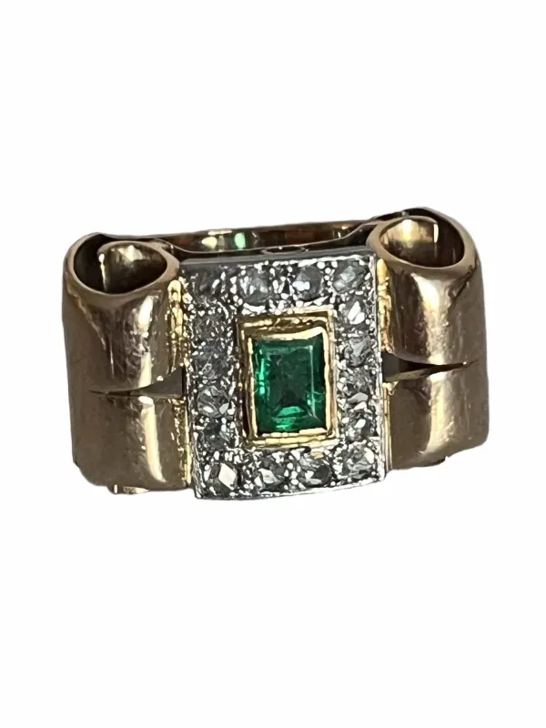 Bague Tank Or Jaune Platine Emeraude Diamants sold by 58 Facettes