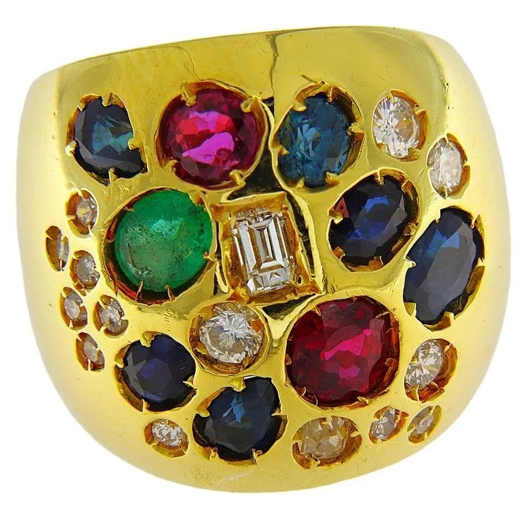 Bague en or jaune avec divers diamants taillés et pierres de couleur sold by 58 Facettes