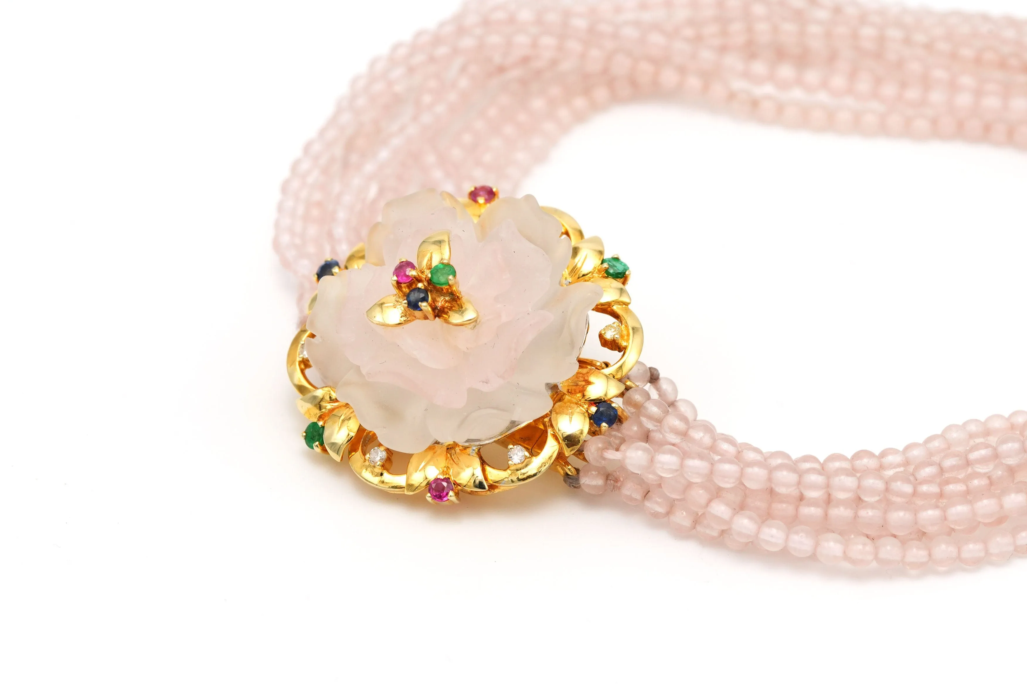 Bracelet chinois contemporain or jaune, quartz rose, émeraudes, rubis et saphirs sold by 58 Facettes product image thumbnail 2