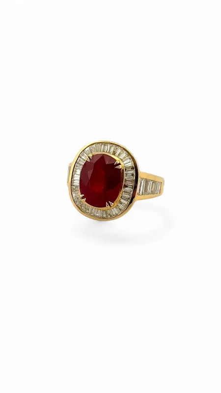 Bague en or jaune 18 carats rubis ovale et diamants baguettes sold by 58 Facettes