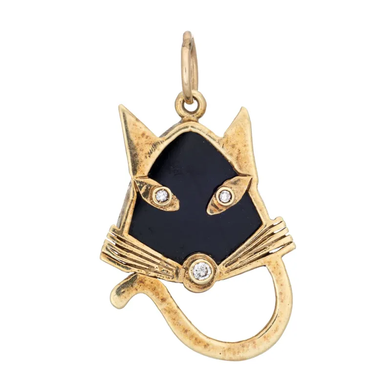 Pendentif vintage en or jaune des années 60, breloque chat, diamant et onyx made by 58 Facettes