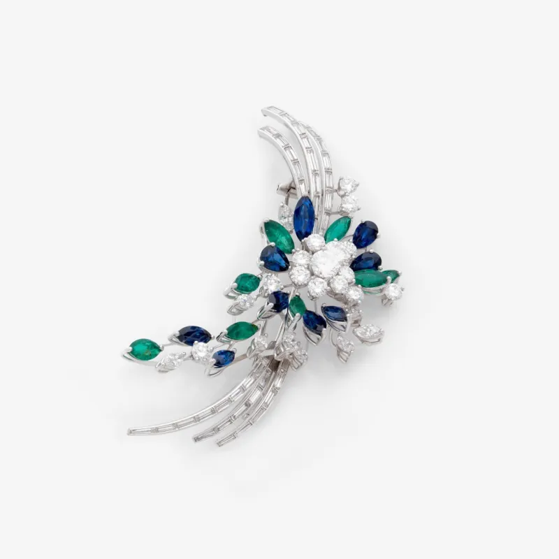 Broche Gerbe Brush multi-gemmes en platine et or blanc sold by 58 Facettes