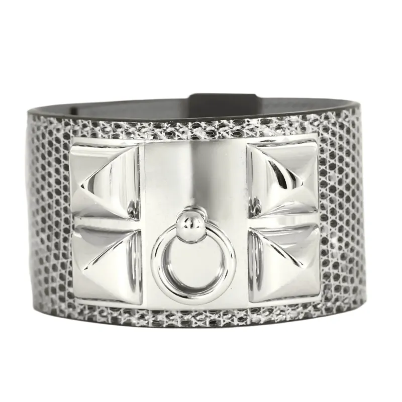 HERMES - Medor - Bracelet manchette en cuir et métal argenté sold by 58 Facettes