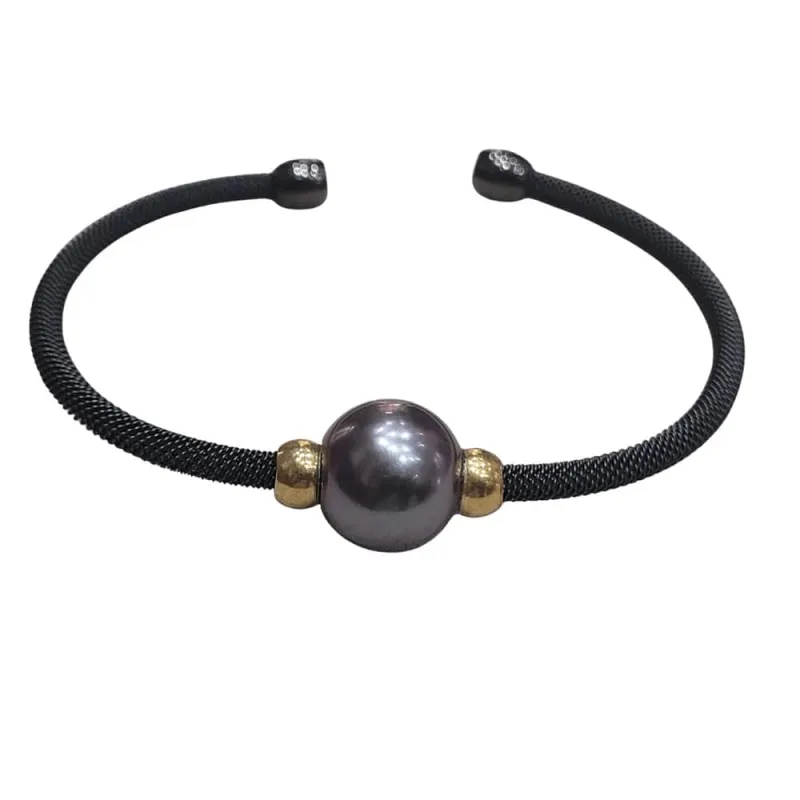 Bracelet de perles de Tahiti en acier noir et or jaune sold by 58 Facettes