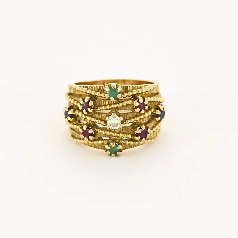 Bague bandeau mouvementée, or jaune, rubis, émeraudes et saphirs sold by 58 Facettes