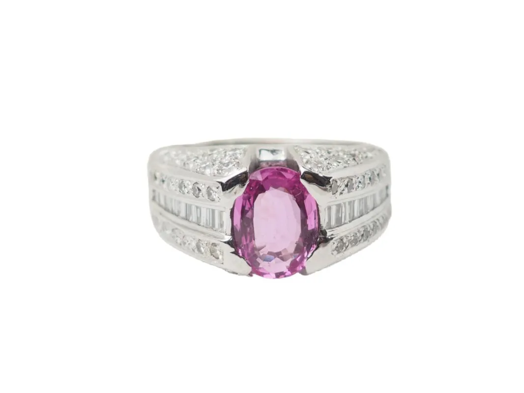 Bague jonc en or blanc, saphir rose et diamants sold by 58 Facettes