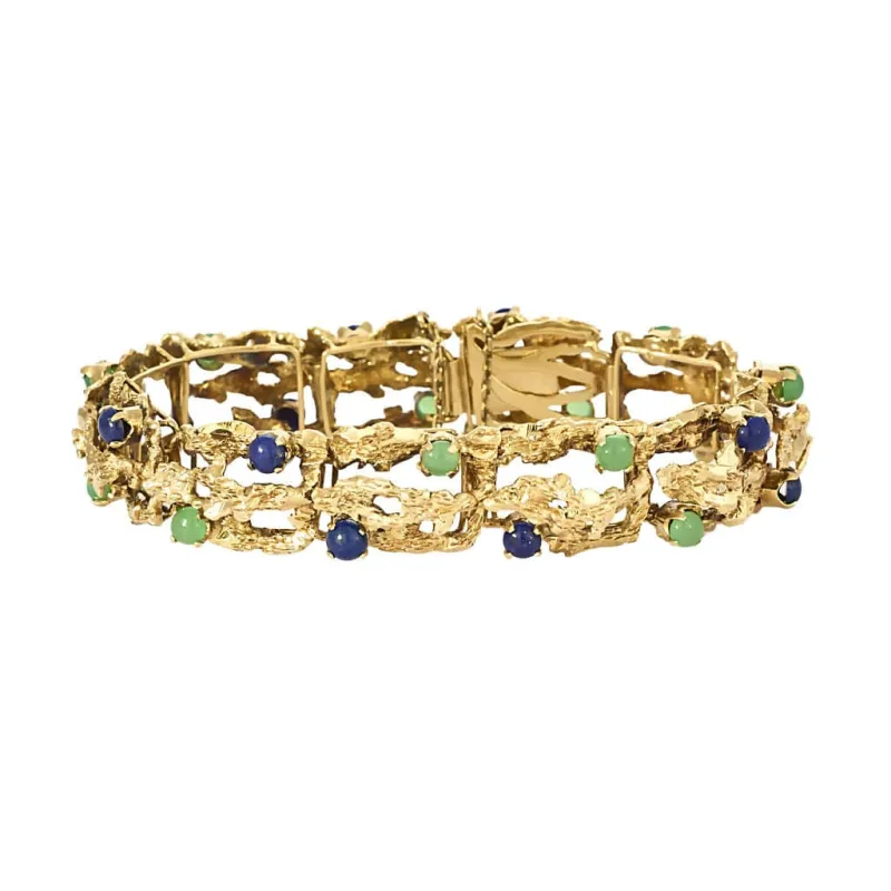 Bracelet moderniste en or jaune, chrysoprase et lapis-lazuli sold by 58 Facettes