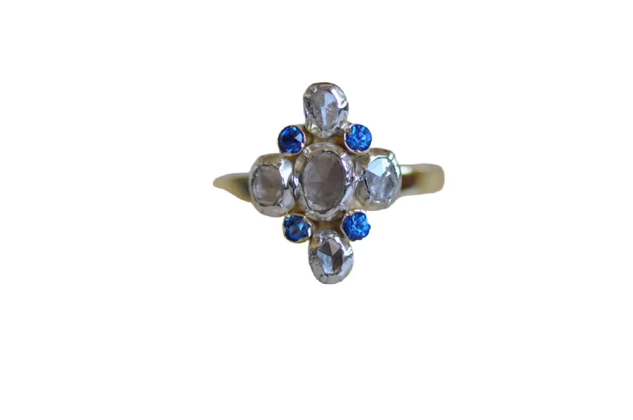 Antique yellow gold, diamond and sapphires ring sold by 58 Facettes