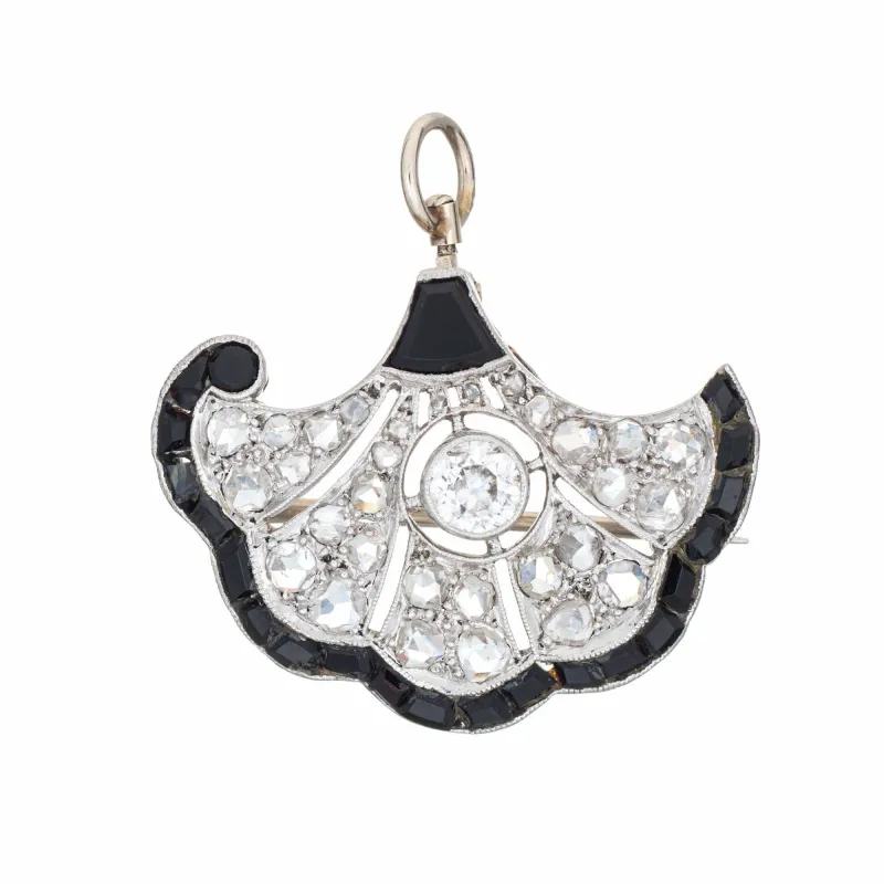 Vintage Art Deco Diamond Onyx Pendant Brooch Platinum Gold Fine Jewelry sold by 58 Facettes
