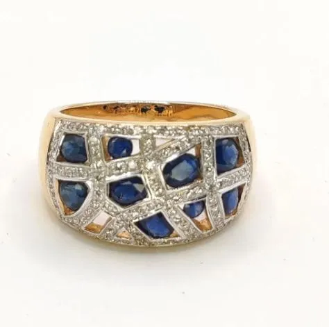 Bague Bandeau or jaune diamants saphirs sold by 58 Facettes