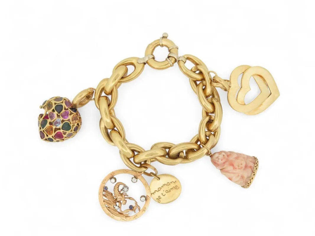 bracelet gourmette breloques coeur zodiac t18 or jaune 18k 90.5gr charms sold by 58 Facettes