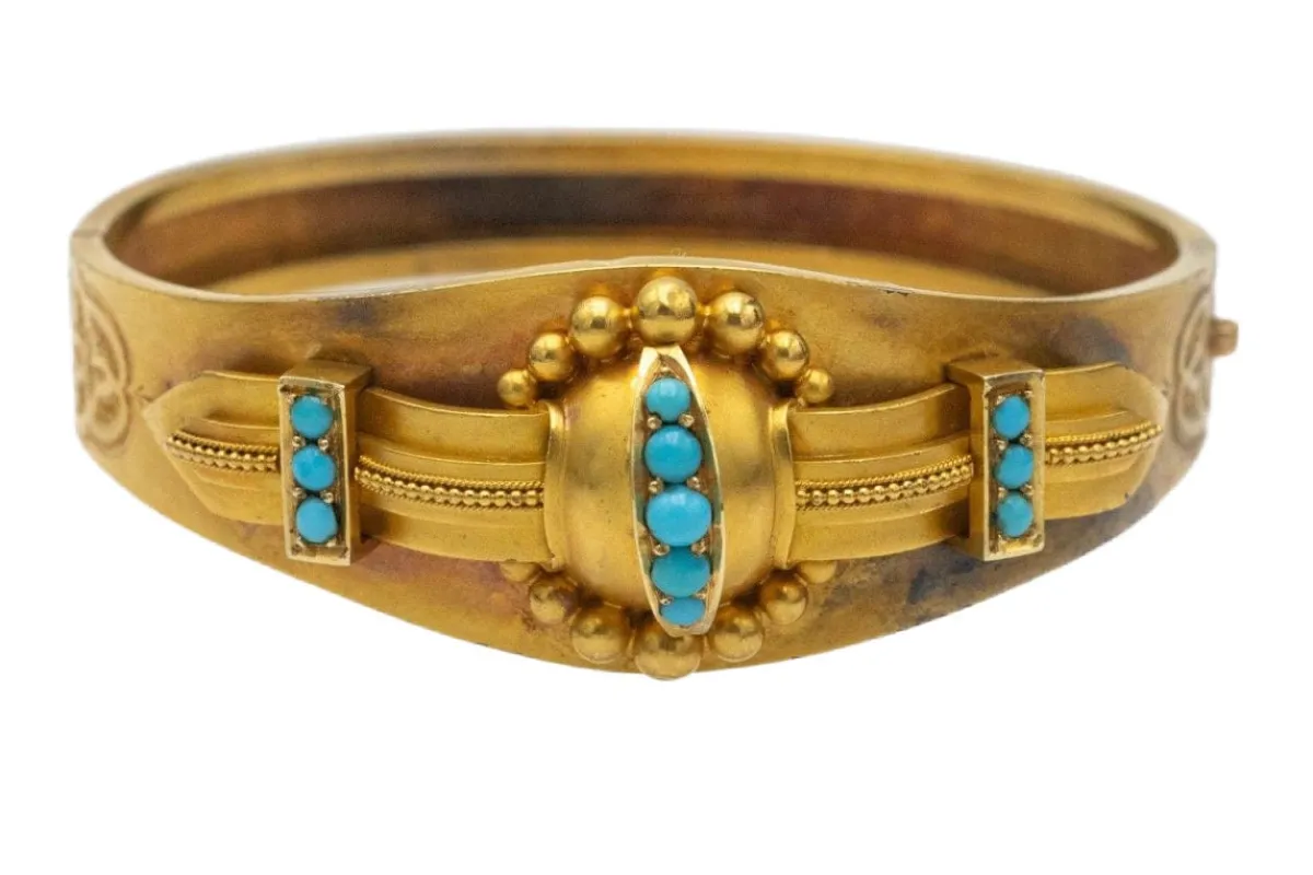 Bracelet victorien en or jaune à haute teneur en carats avec turquoises, Grande-Bretagne, 1850-1880 sold by 58 Facettes