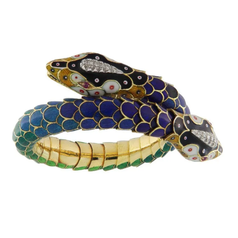 Bracelet serpent en or jaune émaillé de diamants et de rubis sold by 58 Facettes