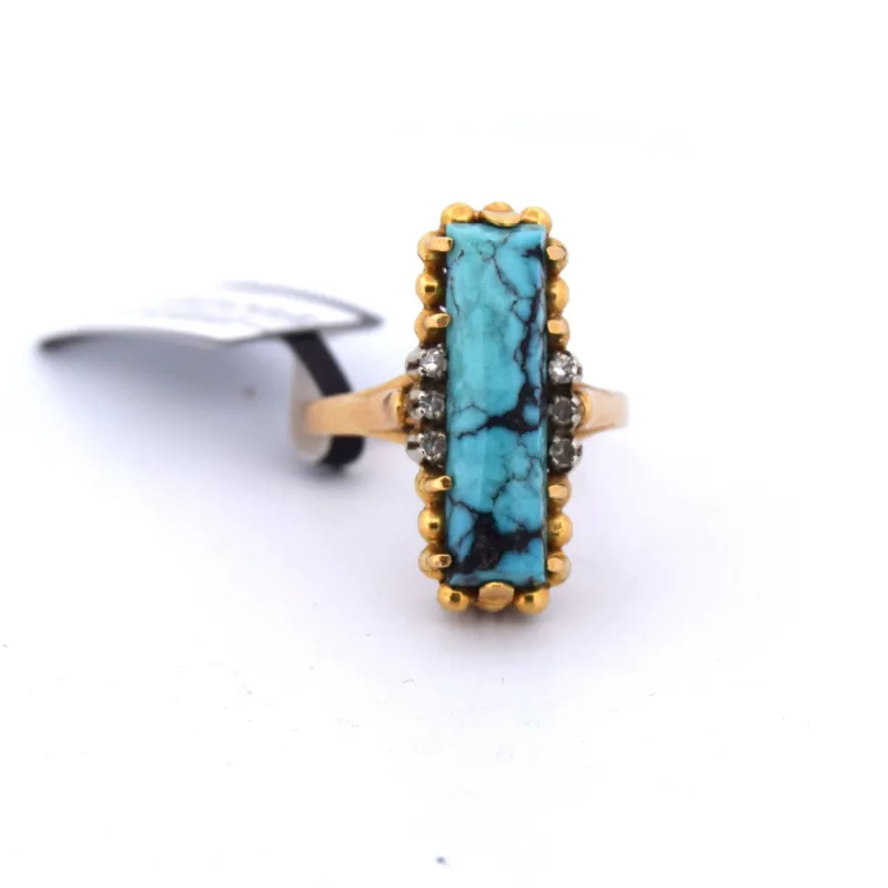 Bague vintage - Bague en or jaune 18 kt avec turquoise et diamants made by 58 Facettes