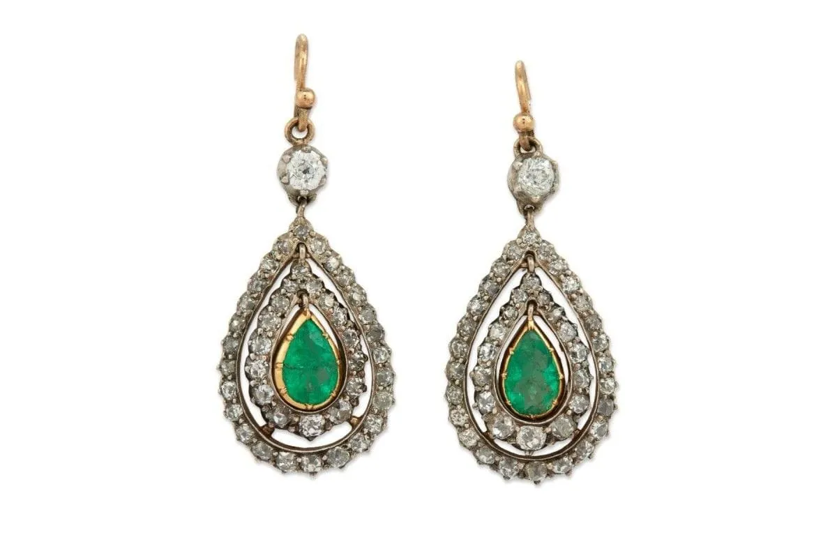 Antique yellow Gold and Silver Earrings with Emeralds and Diamonds sold by 58 Facettes