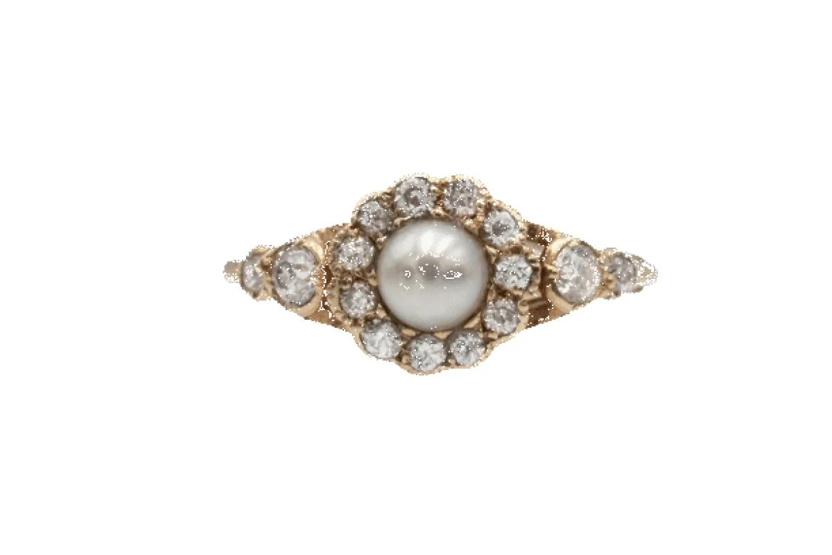 Yellow gold daisy ring, pearl and diamonds, first half of the 20th century sold by 58 Facettes